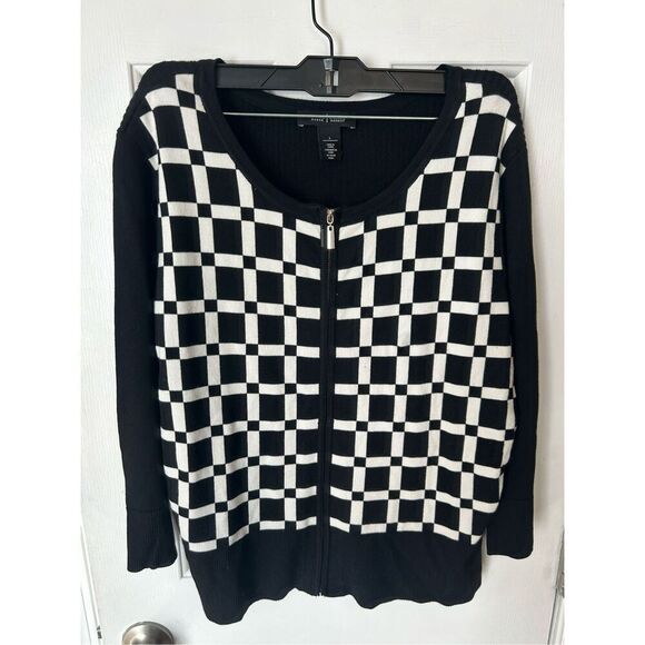 White House black market zip up cardigan sweater black & white checkered print s - Picture 1 of 5